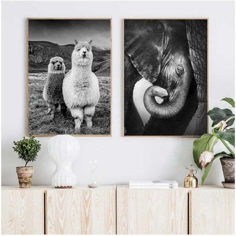 Jaguar Cow Cute Alpaca Animal Poster and Prints Black White Wall Art Nursery Canvas Painting Pictures for Living Room Home Decor