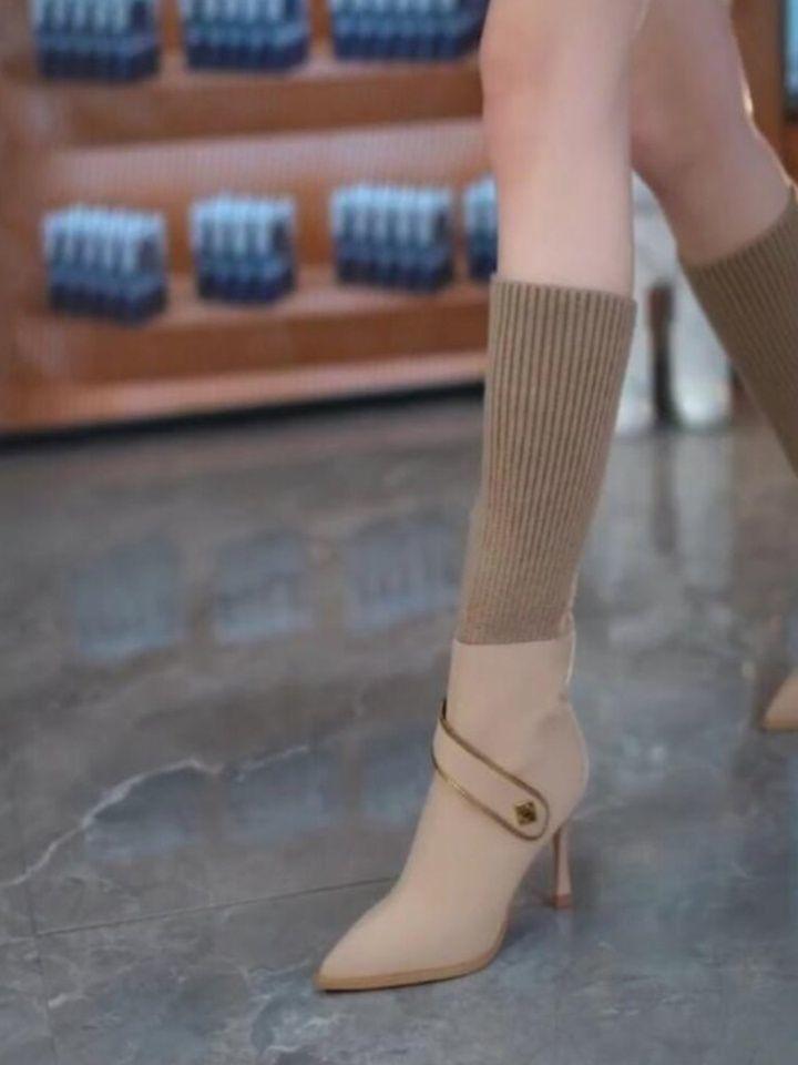 Sexy metal belt buckle pointed high heels but knee boots women's new knitted elastic boots for autumn and winter 2025