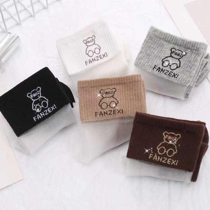 5/10 Pairs Summer Mesh Silk Socks Women Thin Casual Transparent Cute Bear Series Kawaii Mori Girl Ultrathin Glass Silk Sheer Socks