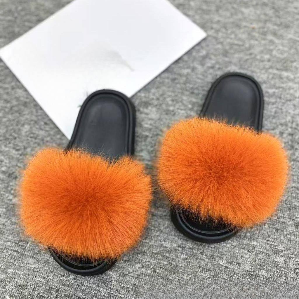 Women'S Faux Fox Fur Slippers Large Summer Open-Toe Fluffy Casual Anti-Slip Sandals Fluffy Black Slide Fur Slider