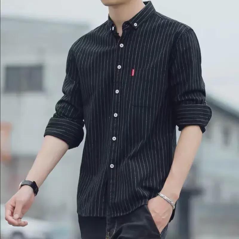 2022 Korean Style Men's Slim Striped Long-Sleeve Shirt - Casual Autumn Jacket for Middle-Aged and Young