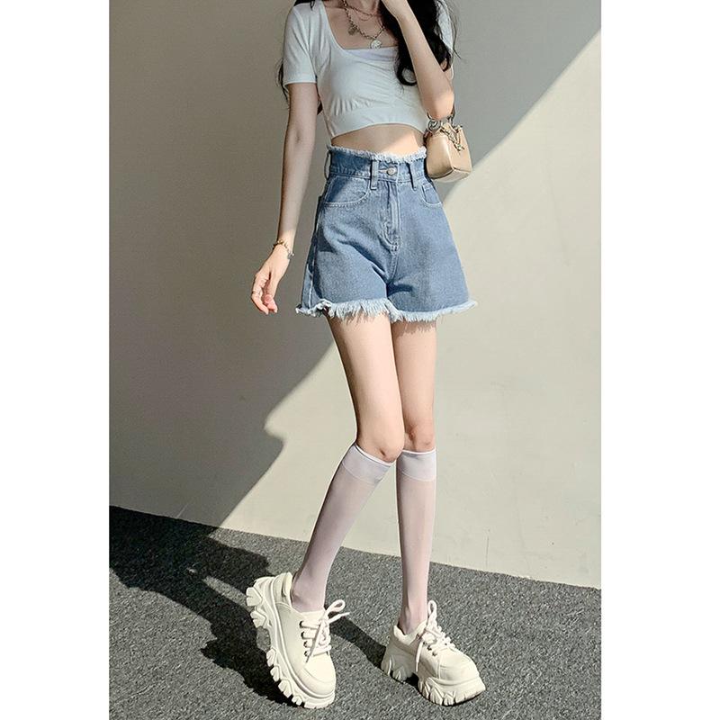 Damen Sommer High-Waist Weitbeinige Ausgefranste Jeans-Shorts - Trendige Petite A-Linie Heißhosen