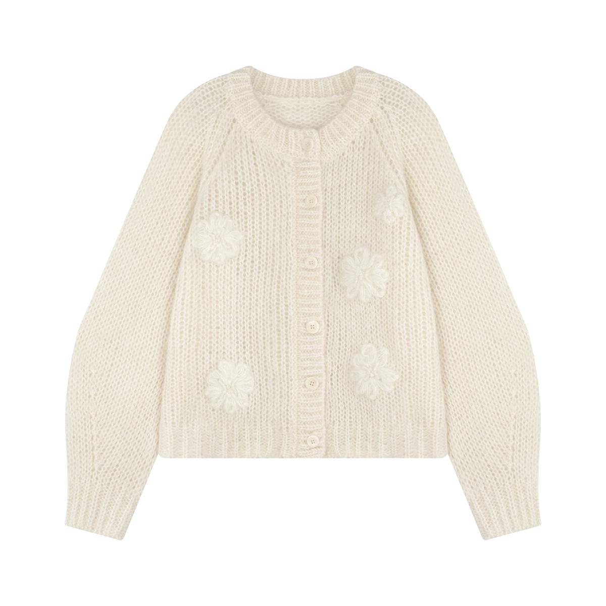 Mohair Wool Embroidered Cardigan – Soft Knit Crew Neck Sweater with 3D Camellia Floral Design for Women S кремовый