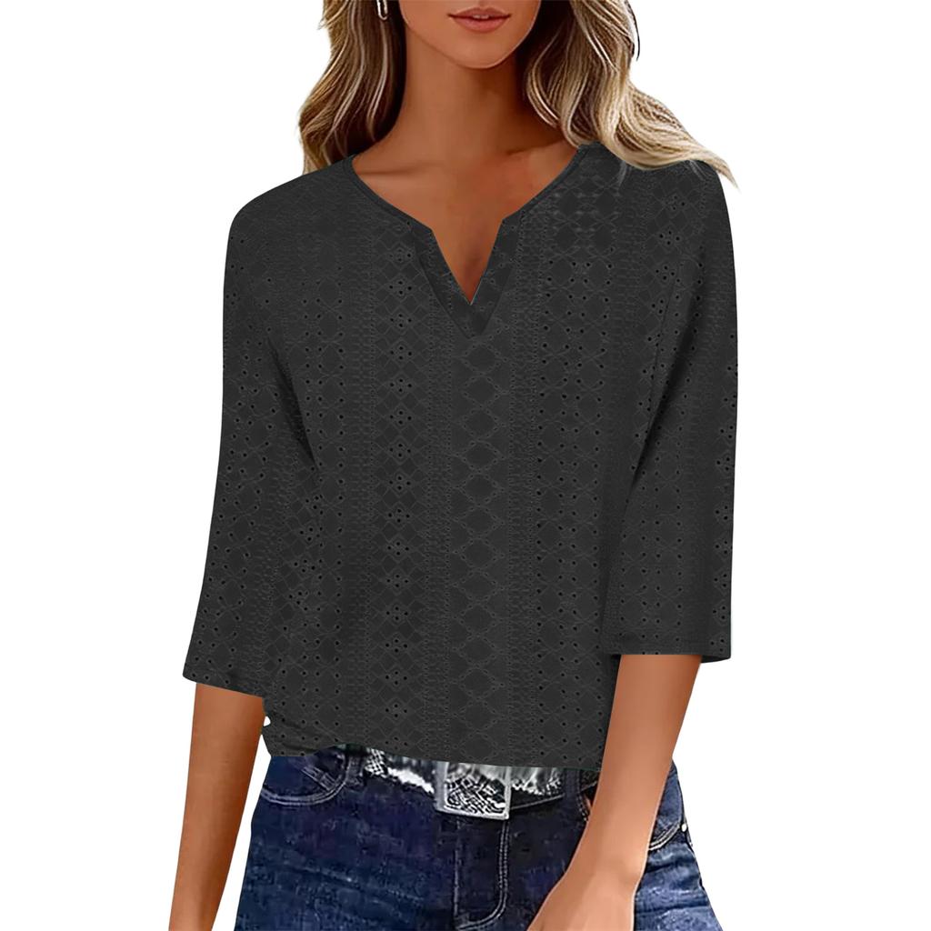 Damen Mode V-Ausschnitt Drei-Viertel-Ärmel T-Shirt Lässig Farbe Oberteil