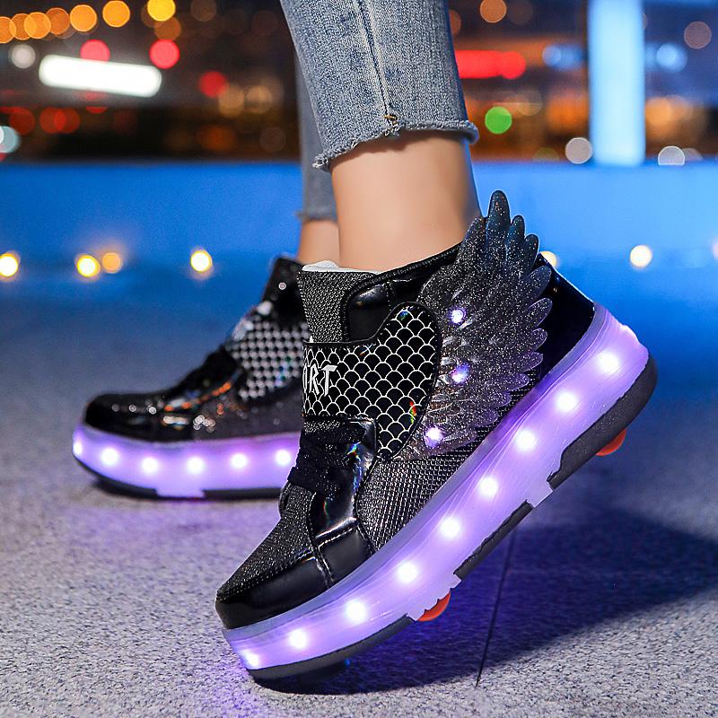 Kid's Four-wheel Detachable Flat Shoes Rechargeable LED Luminous Sports Shoes with Wings Children's Skates with Brakes Roller Skates sneakers