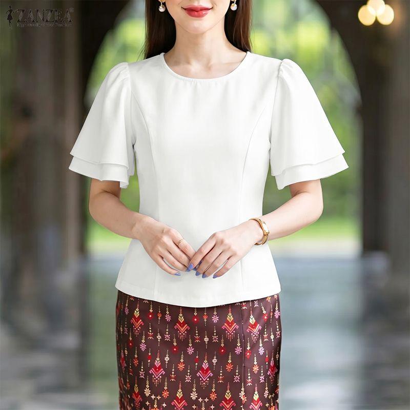 ZANZEA Women Casual Round Neck Solid Color Ruffles Short Sleeve Blouse