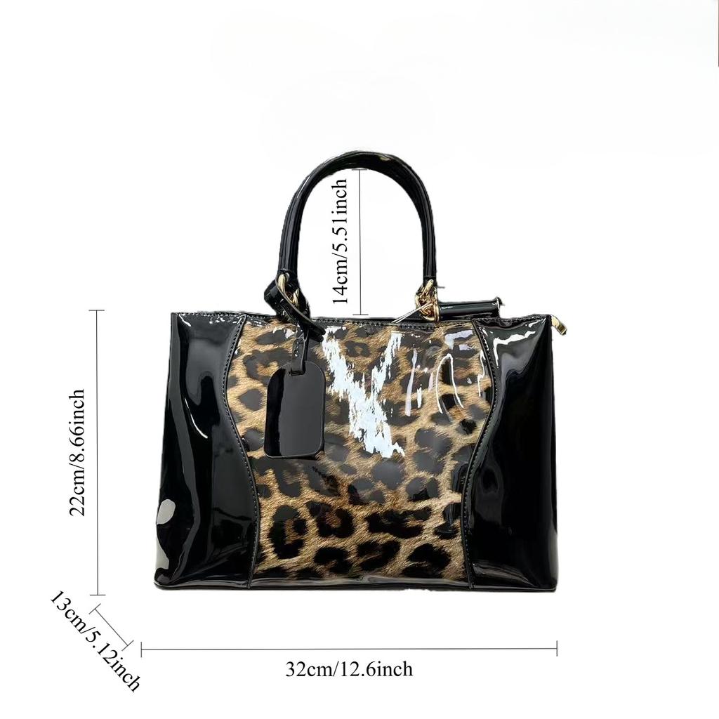 Borsa Tote da Donna Patchwork Pelle Verniciata Stampa Leopardo Grande Capacità Versatile Personalità Borsa a Tracolla Obliqua