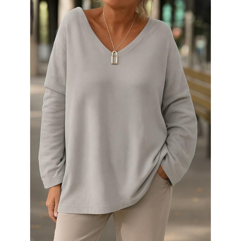 QICED Women's Fashion Casual Solid Color Print Long Sleeve V Neck Blouses & Shirts