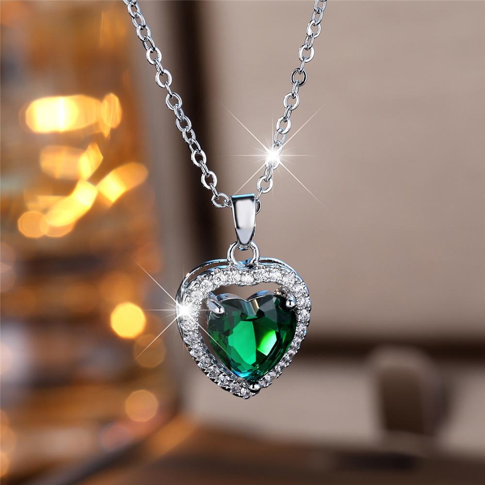 Female Crystal Blue Red Green Zircon Stone Love Heart Pendant Necklace Vintage Silver Color Wedding  For Women