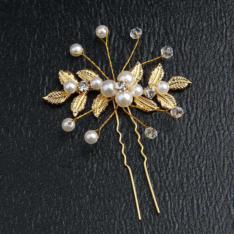 Crystal Pearl Flower Hair Pins Clips U-Shaped Hairpin Gold Leaf Pearl Hair Fork