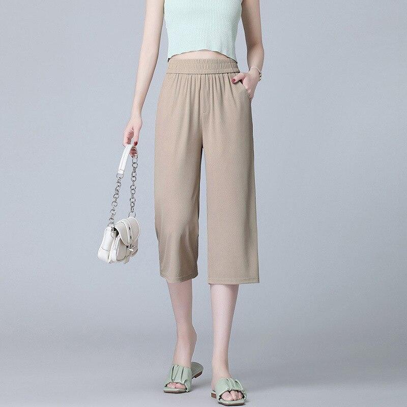 2022 Summer Fashion Chic Slim Fit Wide Leg Trousers Solid Casual Elastic High Waist Loose High Street Trend Capris Pants Women