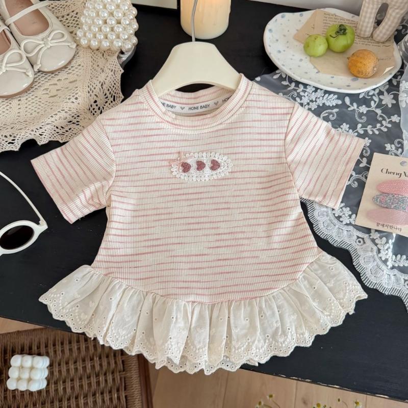Summer Kids Girls Tees Cotton Lace T-shirt Loose Casual Sweet Short Sleeves Tops Infant Baby Girl Round Collar Tees Children Clothes