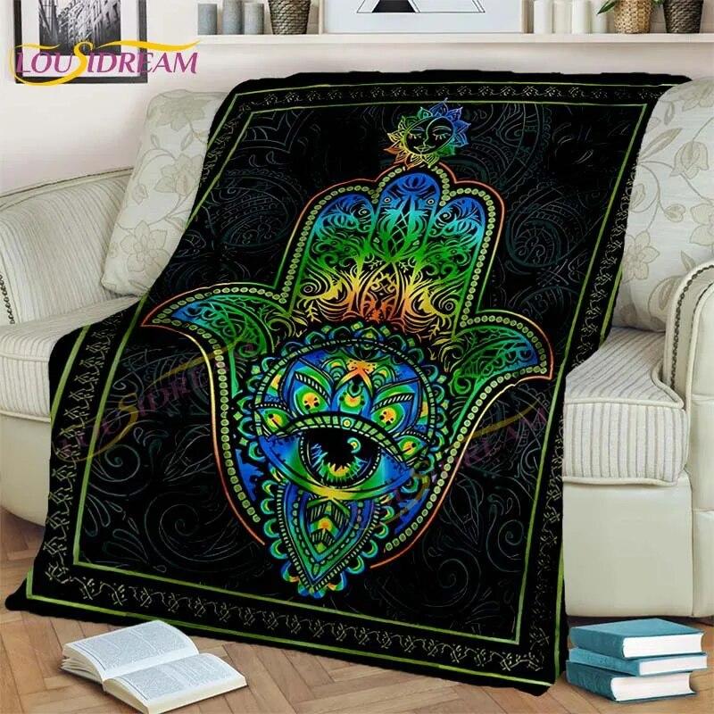 Bule Evil Eye Blanket Hamsa Hand Psychedelic Blanket for Travel Bedding Chair Adult Lightweight Bohemian Style Blanket Tapestry
