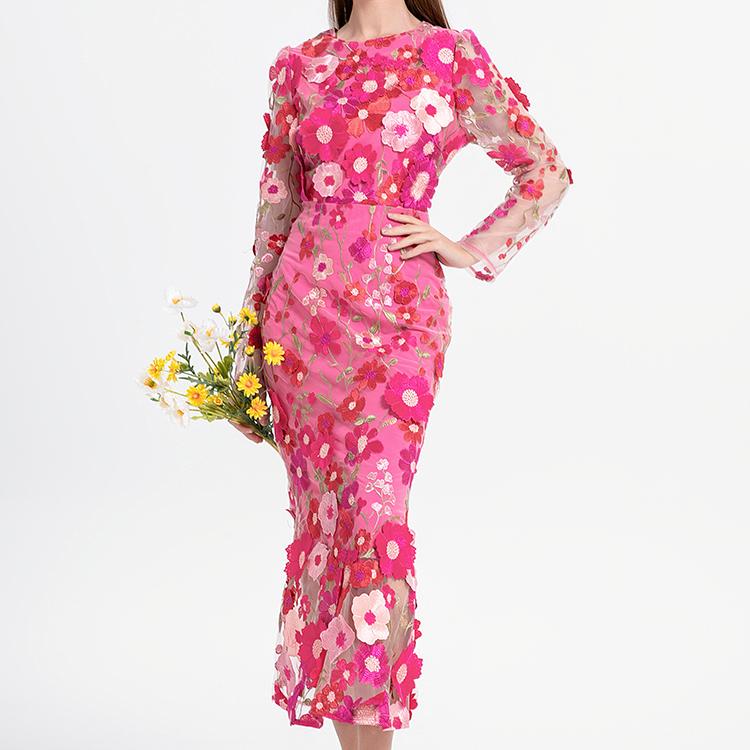 Rochii maxi lungi elegante cu broderie de flori 3D pentru femei Vacanta de vara Rochii de petrecere de seara cu coada de pește Creion