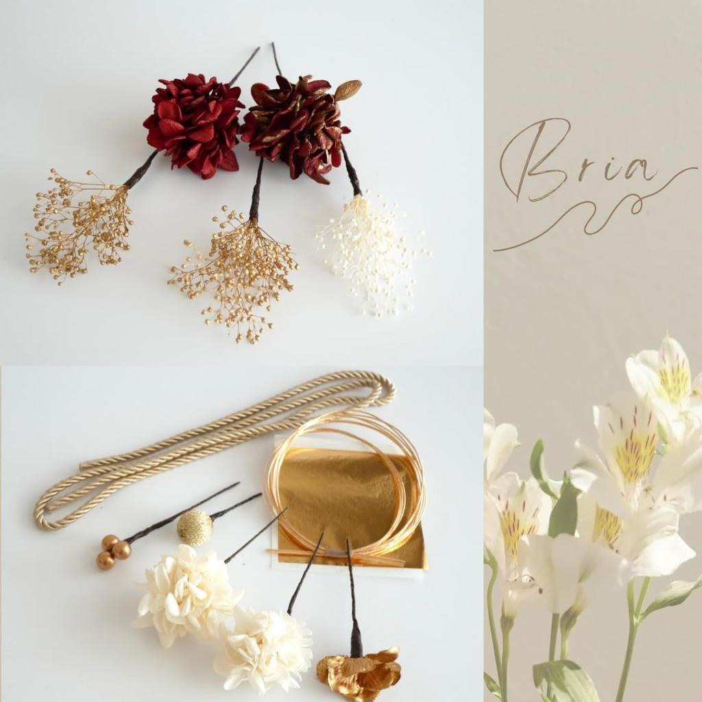 Preserved Flower Hair Ornament with Gold Leaf and Braided Cord for and Japanese Clothing [Bria] (Red) Coming-of-Age Ceremonies, Graduations, Weddings,