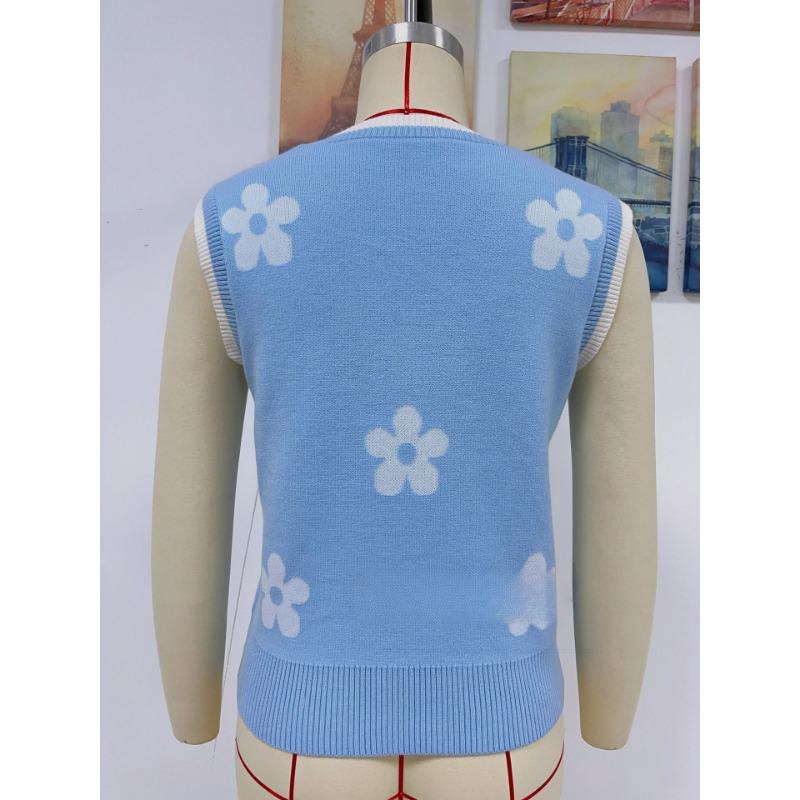 Women's printed V-neck sleeveless knitted floral pullover sweater