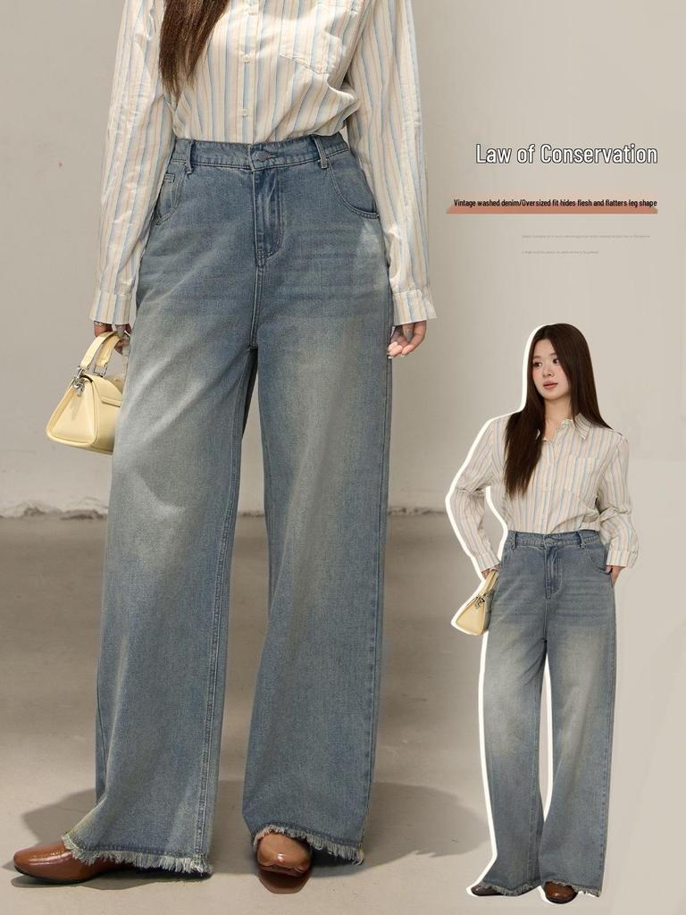 Plus Size Women's Korean High Waist Wide Leg Frayed Jeans