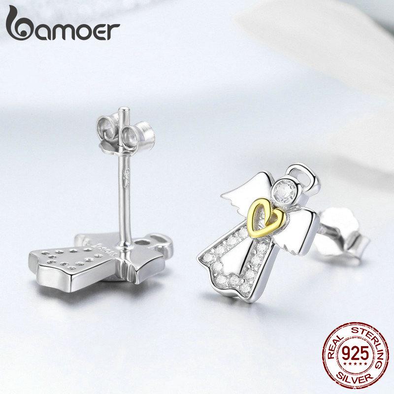 BAMOER Hot Sale Genuine 925 Sterling Silver Guardian Angel Exquisite Stud Earrings for Women Fashion