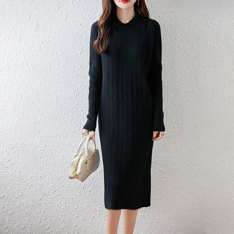 Women Sweater Dress 100% Wool MODERN NEW SAGA Turn-down Collar Knit Long Pullover Winter Jumpers Wool Long Dress Female