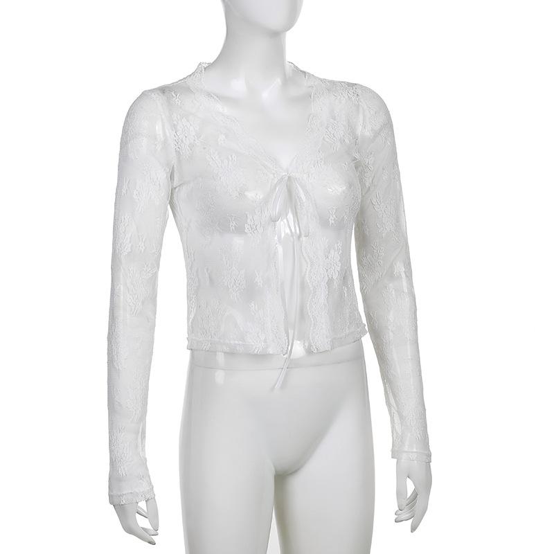Lace Cardigan 2022 Summer Embroidery White Shirt Korean Clothes Beach Crochet Long Sleeve Top Women Ladies Sexy Blouse