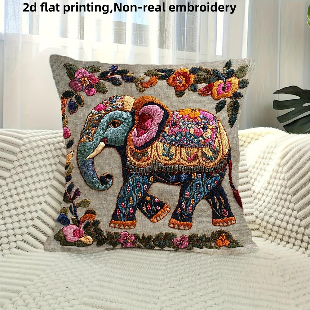 2D Vlak - Boheemse Olifant Bloemenprint Sierkussenhoes Boho Huisdecoratie Kussenhoes Voor Bank Slaapkamer Woonkamer Peach skin 18*18(CM)-1Pcs