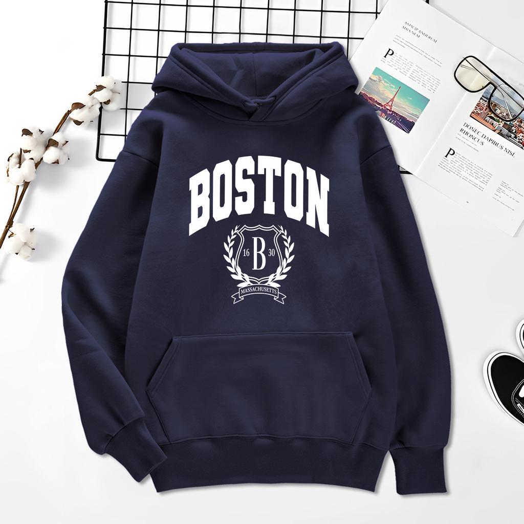 Boston Personalized Art Print Hoodie Men and Women Same Autumn and Winter Loose Hood Casual Hip Hood Street Clothing