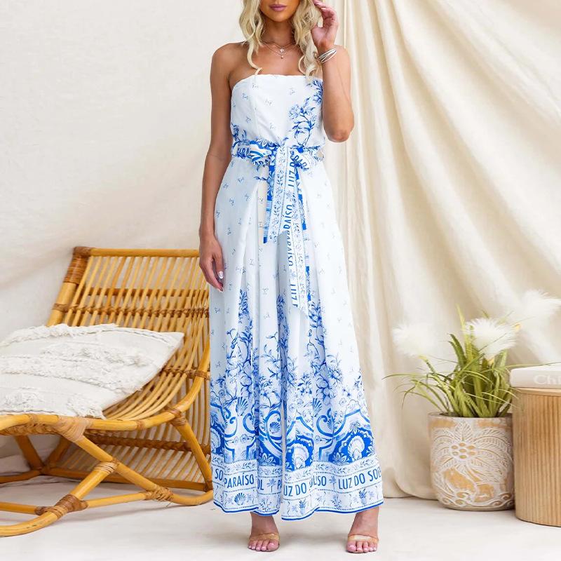 Spring new, fashionable and elegant contrasting color printed lace-up tube dress