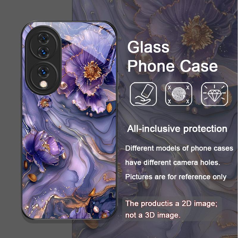 Luxury Lotus Marble Floral Pattern Tempered Glass Phone Case for Huawei Nova 13 12 11 10 SE Mate 70 60 50 ProPlus P60 P40 Cover