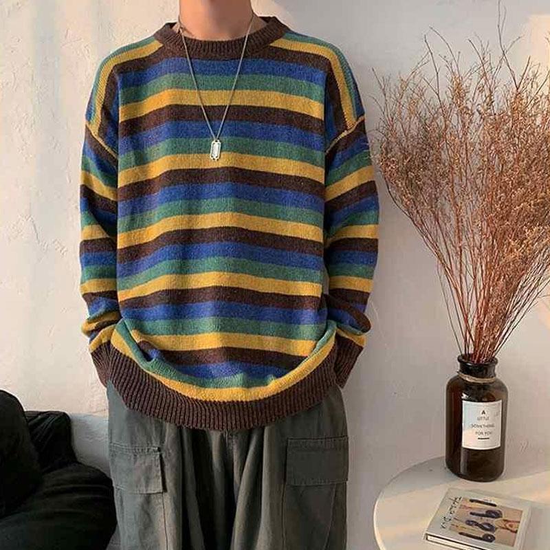 Korean Contrasting Colors Striped Pullovers Knitted Men's Casual Loose Autumn Winter O-Neck Long Sleeve Sweaters