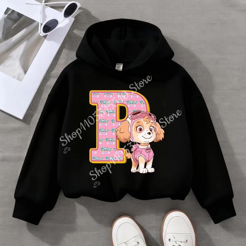 Child Black Long- Sleeve Hoodie Girls Skye Polyester Top Cartoon Letter A-Z Printed Pullover Children Birthday Gifts