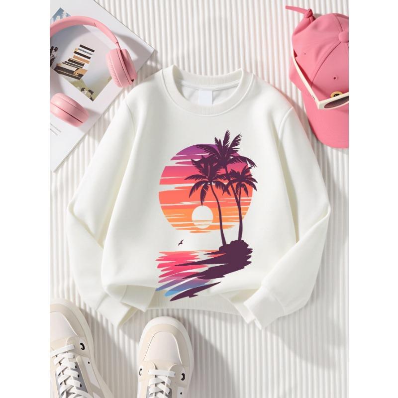 European sizes Tropical Sunset Palm Trees Water Reflection Girls' Crew Neck Sweatshirt, Western Top, Long Sleeved, Casual for Little Girls.