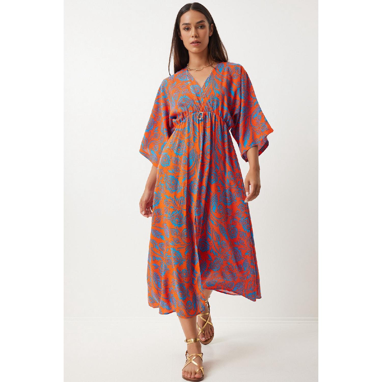 

Летнее платье из вискозы с запахом и рисунком, оранжево-синее 36 розовый