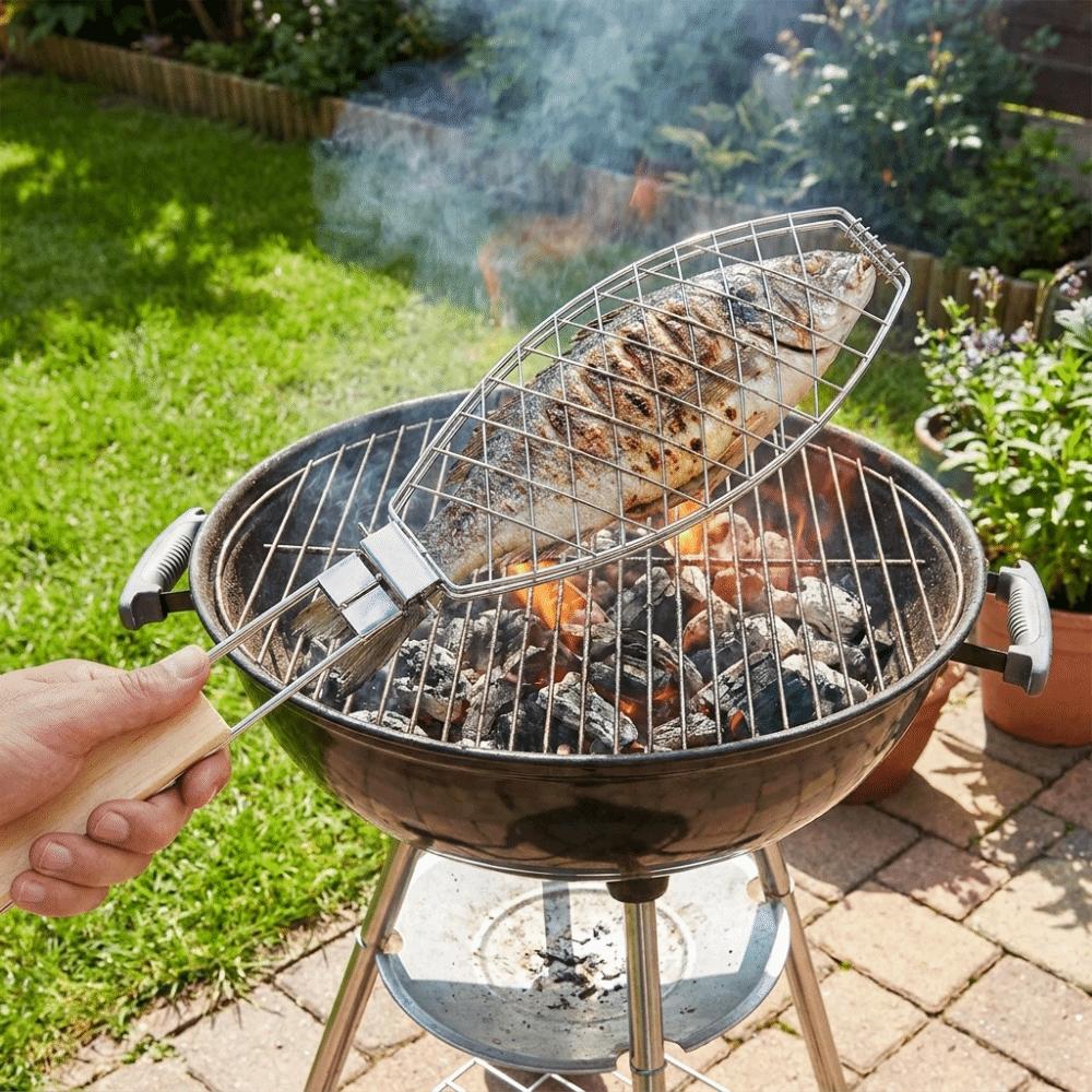 Stainless Steel Grilled Fish Net Folding Handle Grilled Fish Clip BBQ Tool Outdoor Barbecue
