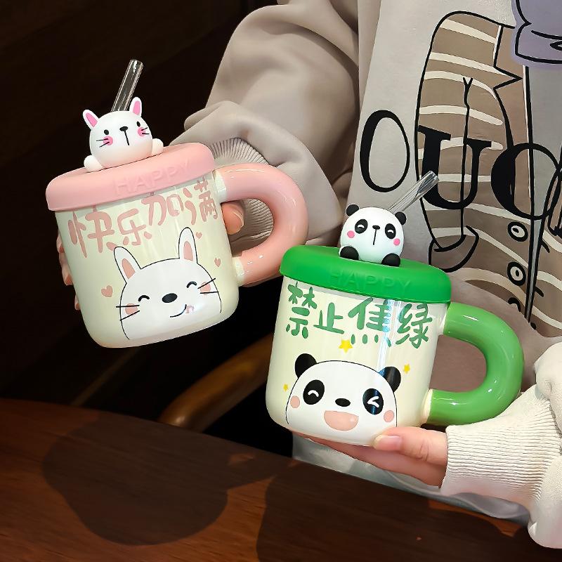 Ceramic Cute Bear Water Cup Straw Cup With Lid Ceramic Coffee Mug Beer Christmas Cups Funny Mugs Personalized Gift Drinkware Bar