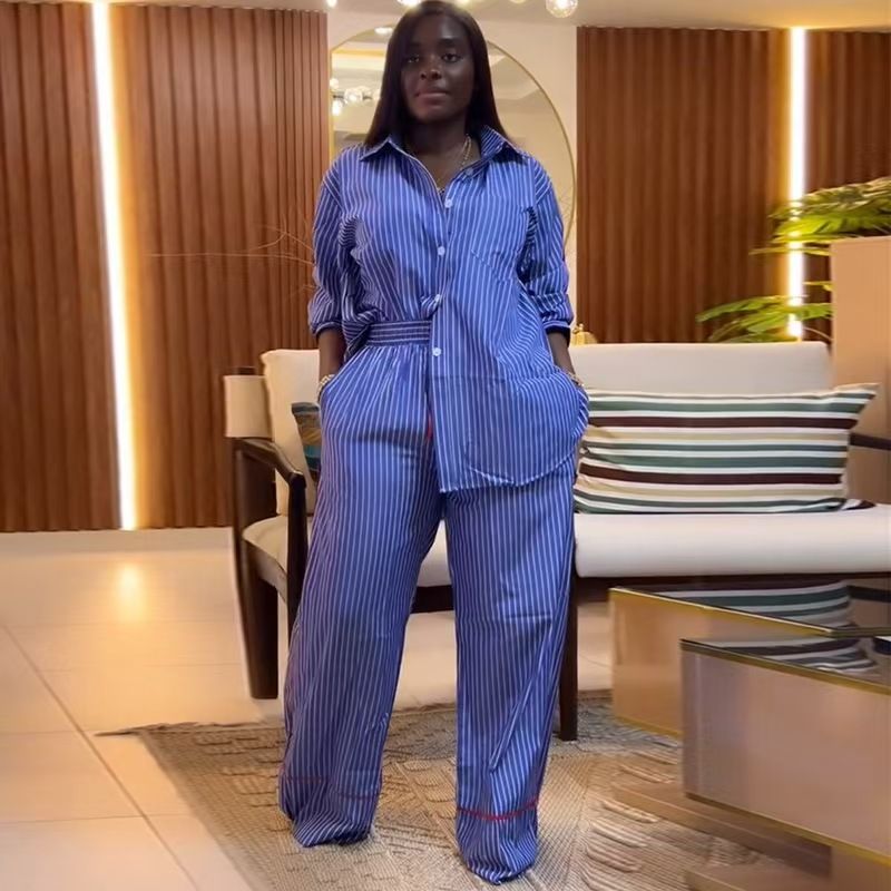 

Fashion Style New Arrival Fashion Stripes Shirt Pants Suit Pinstripe Shirt and Pants Set Red Blue XL