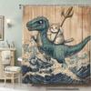 Tenda da Doccia Impermeabile Gatto che Cavalca un Dinosauro - Design Onde Oceaniche, Antimuffa, Facile da Pulire, Tessuto Resistente per Arredo Bagno