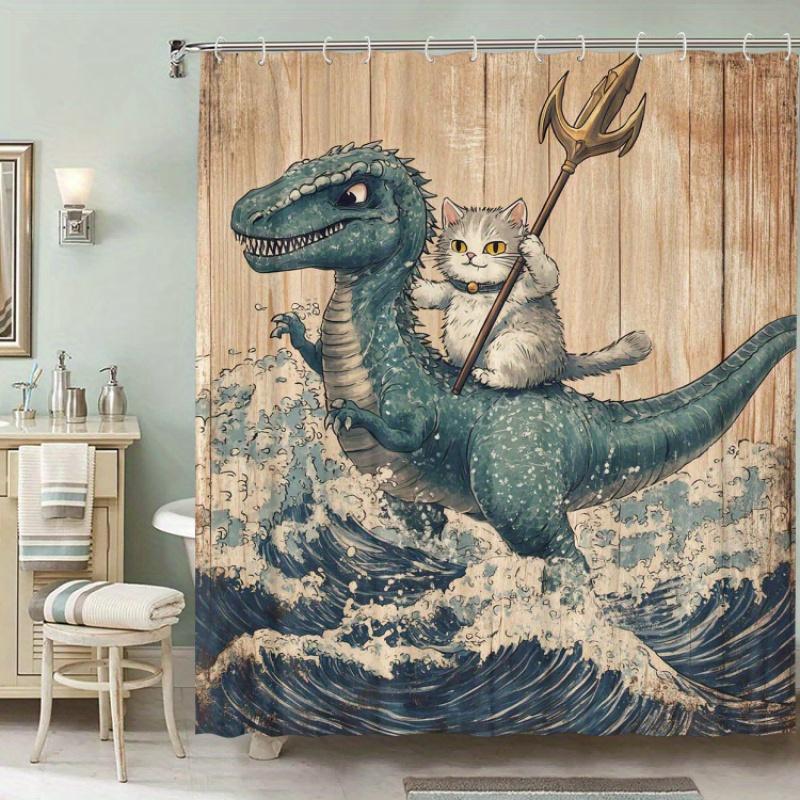 Tenda da Doccia Impermeabile Gatto che Cavalca un Dinosauro - Design Onde Oceaniche, Antimuffa, Facile da Pulire, Tessuto Resistente per Arredo Bagno