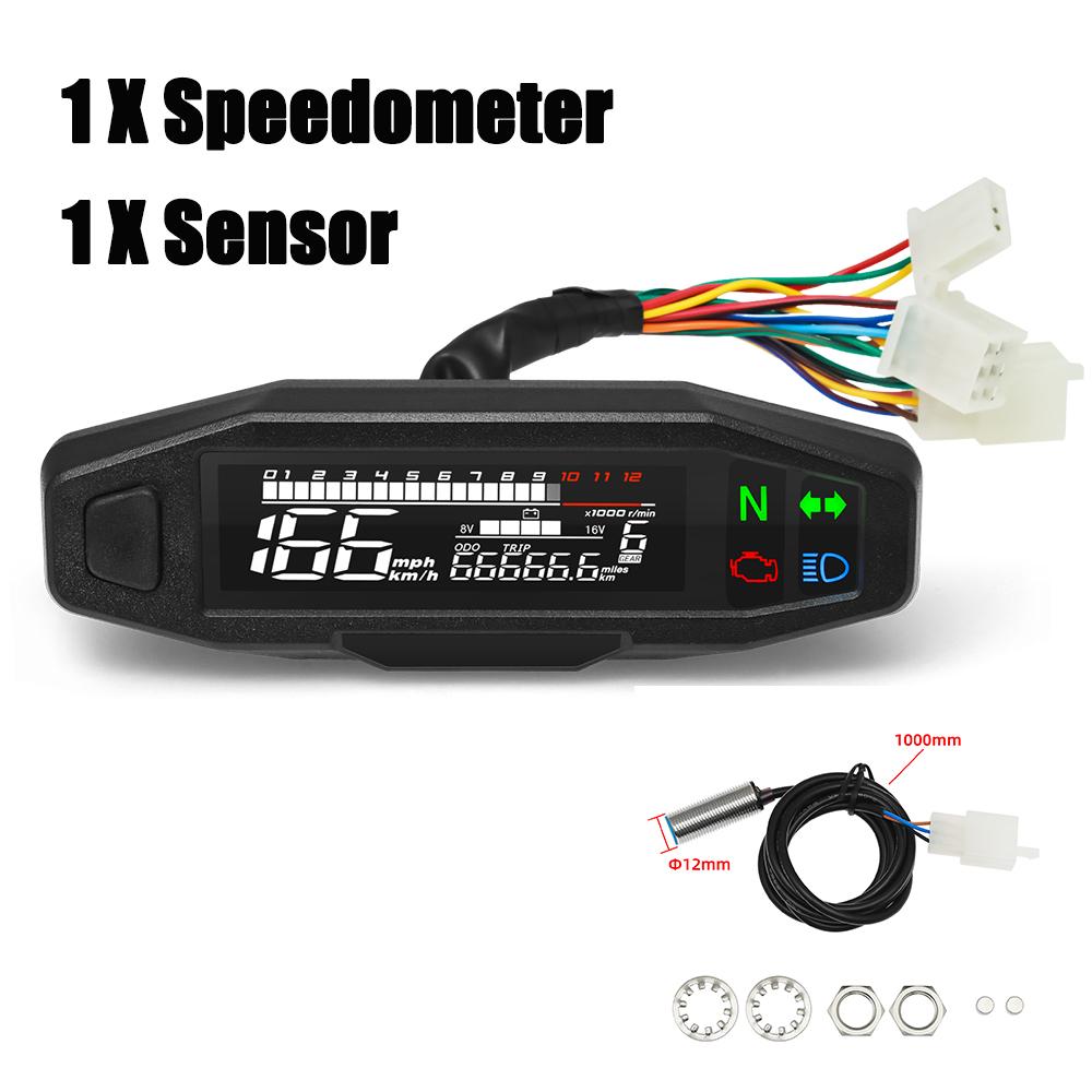 Odometer Gauge Motorcycle Speedometer Oil Level Meter 12V Universal Waterproof LCD Tacho Panel with LED Signal Light Indicator