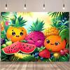 2D Kawaii Fruit Backdrop - Smiling Pineapple Watermelon Strawberry Photography Background for Kids Birthday Decor