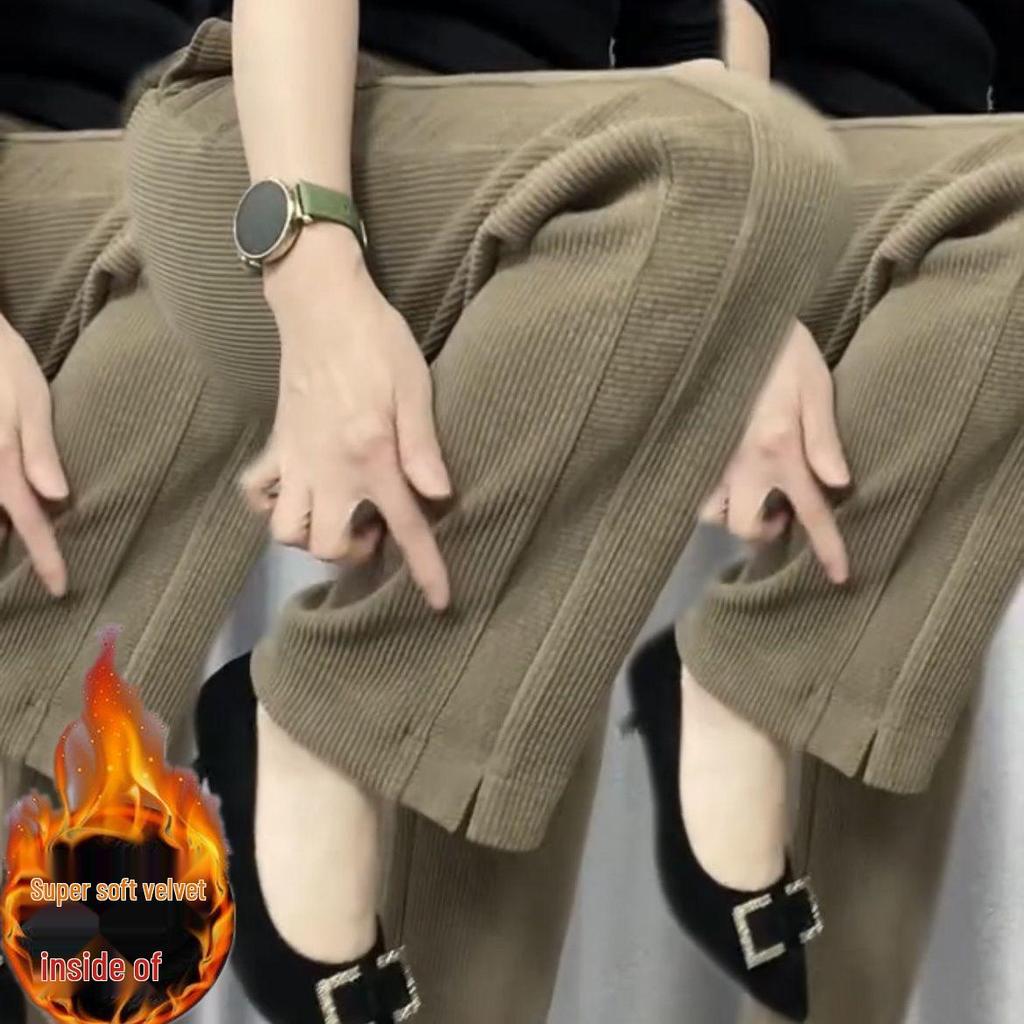 Damen High-Waist Fleecegefütterte Straight-Leg Hose, Herbst/Winter Mode, Verdickt für Wärme, Schlankmachend, Lockere Freizeitpassform