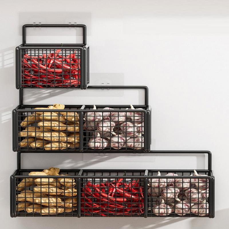 1/2/3 Grid Onion Ginger Garlic Kitchen Shelf Wall Hanging Condiments Spice Vegetable Fruit Storage Rack Drain Basket Punch-Free