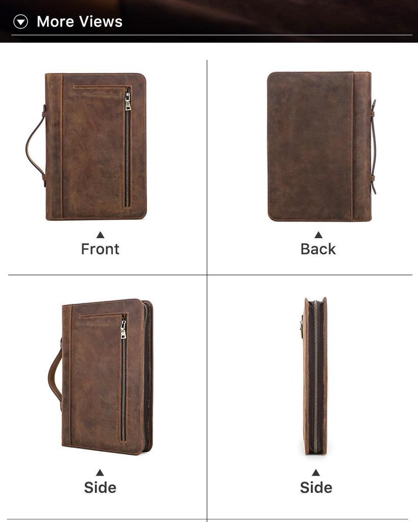 Handmade Crazy Horse Genuine Leather Book Cover with Pen Loop and Zipper