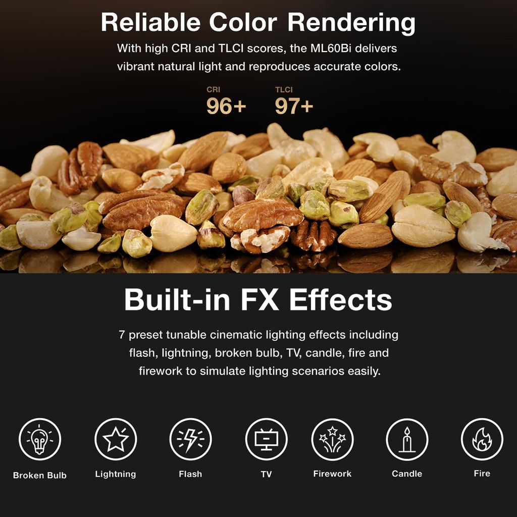 Godox ML60Bi LED-Studio-Fotografie-Licht, 60 W, zweifarbig, Temperatur 2800–6500 K, CRI96, TLCI97