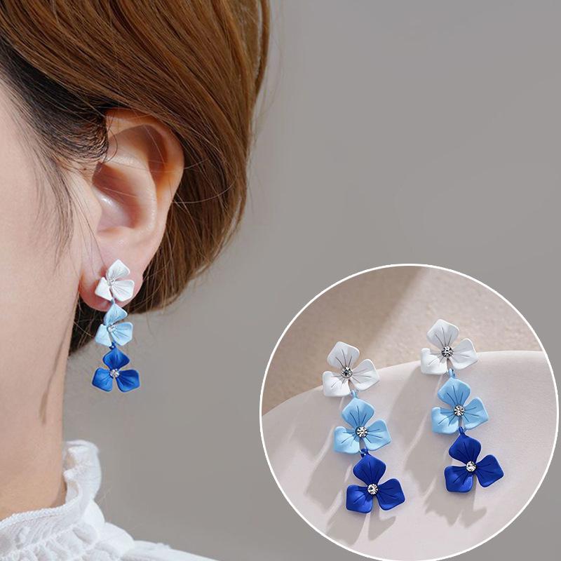 Pinkdudu New Blue Flower Design Drop Earrings Trendy Retro Fashion Temperament Alloy Earrings Jewelry Gift For Women PD1611