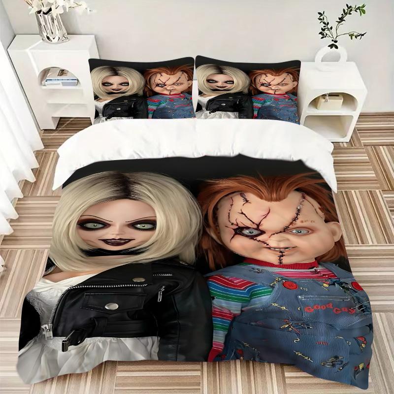 Horror-Puppen Halloween-Print 3-teiliges Bettwäsche-Set Bettbezug mit 2 Kissenbezügen Heim-Geburtstagsgeschenk