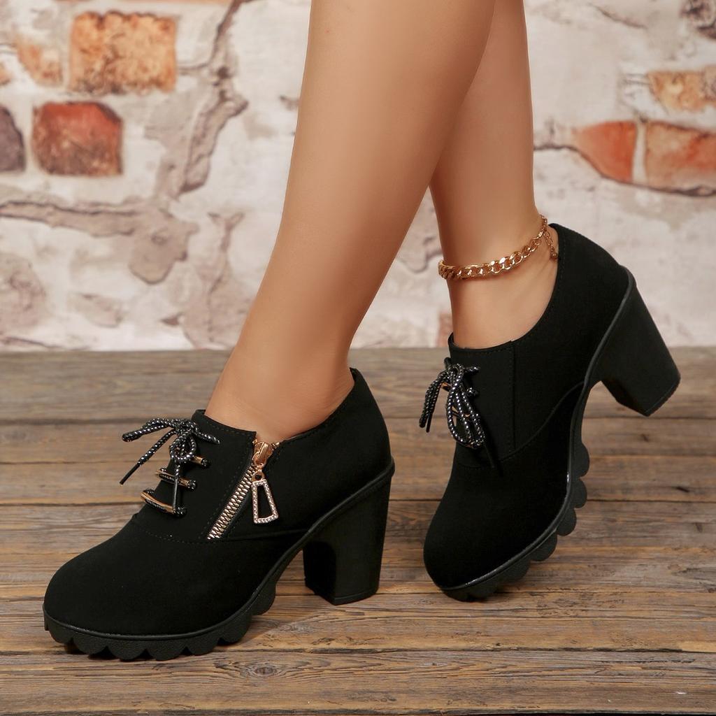Large size new thick heel high heel solid color side zipper single shoes comfortable casual round head Martin boots