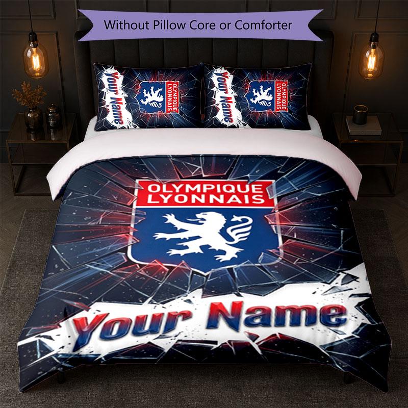 Lyon FC Custom Name Text Bedding Set 1 Duvet Cover+2 Pillowcases Soccer Logo Personalized Gift For Special Occasion Bedroom Decor