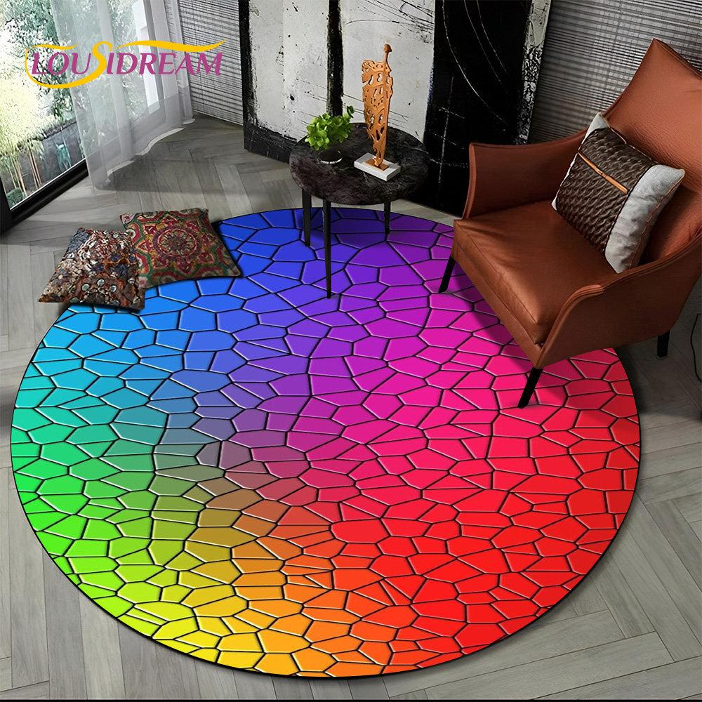 Runder Teppich mit chromatischer Farbtäuschung in Regenbogenfarben, Teppich für Wohnzimmer, Schlafzimmer, Sofa, Spielzimmer, Dekoration, rutschfeste Bodenmatte für Kinder