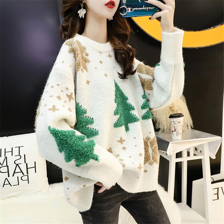 Women's 2024 Autumn Winter Round Neck Loose Knit Christmas Sweater Pullover