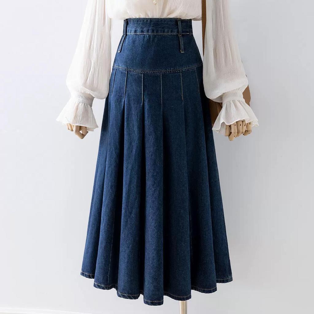Chic Pleated Jeans Skirts Spring Autumn High Waist Long Washing Ladies Straight Women Loose Denim Midi Skirts
